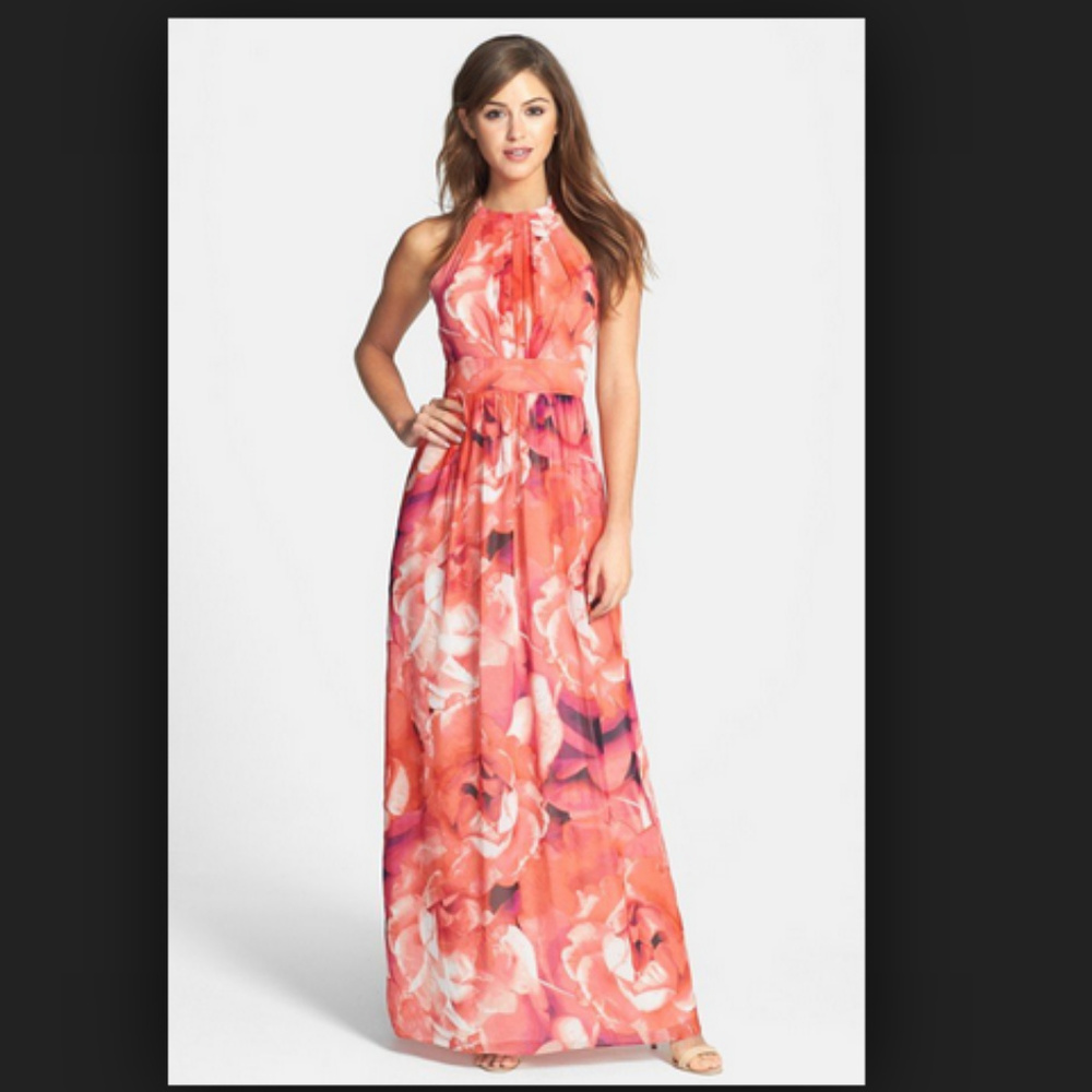 Eliza J Floral Chiffon Halter Dress Gown Sz 12